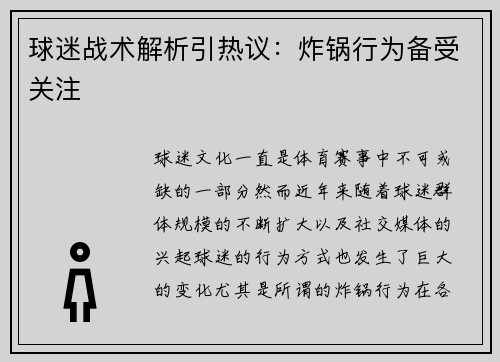 球迷战术解析引热议：炸锅行为备受关注