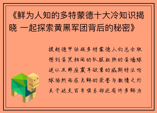 《鲜为人知的多特蒙德十大冷知识揭晓 一起探索黄黑军团背后的秘密》